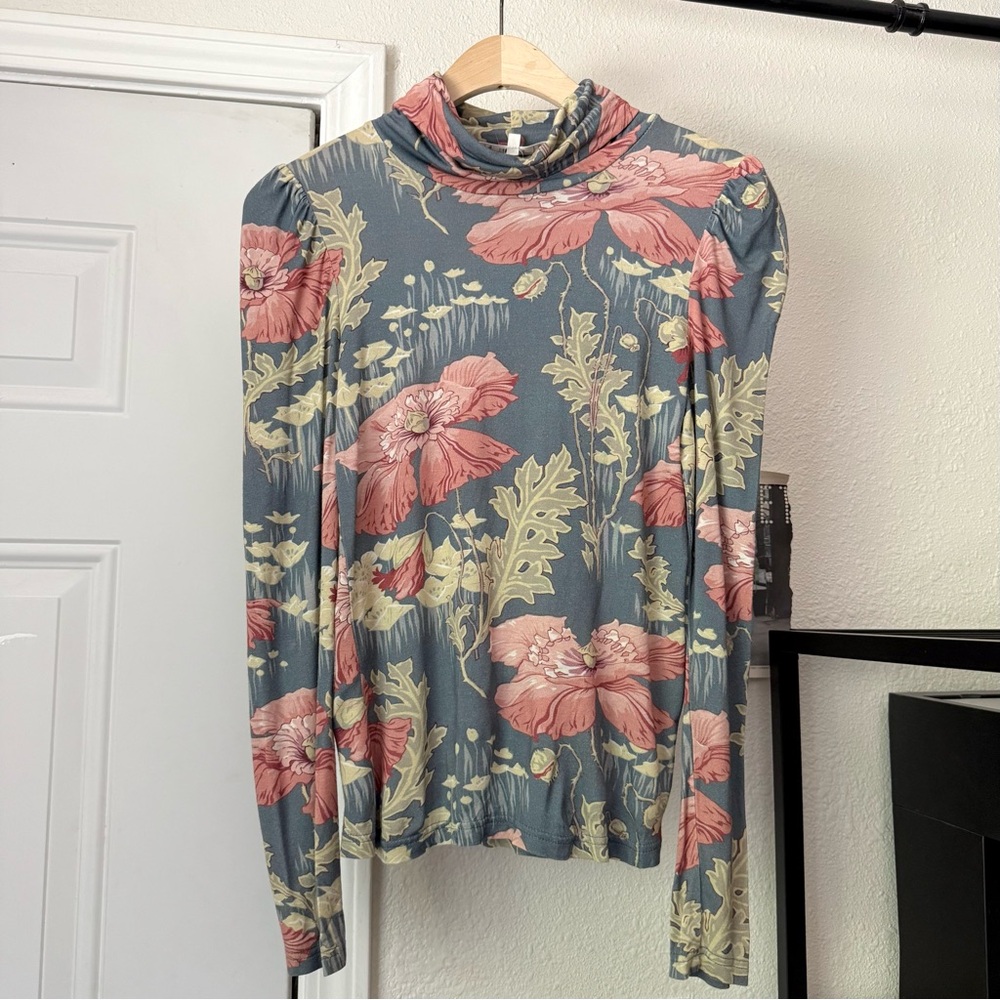 KRISTINIT denim blue pink green floral turtleneck long puff‎ sleeve top
